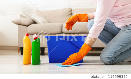 Woman with obsessive compulsive disorder cleaning floor with detergents at home, empty space 114699353