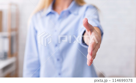 Politeness and good manners at work. Female helping hand extended at camera for handshake, welcoming gesture Politeness and good manners at work. Female helping hand extended at camera for handshake, welcoming gesture 114699378