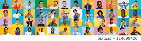 Celebrating human joy, this collage shows multiracial, multiethnic men faces on international-style multicolor panels, embodying diversity 114699426