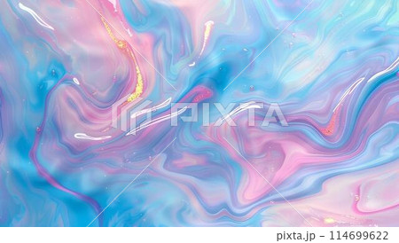 Abstract background with holographic gradient in blue, pink and orange colors. Beautiful blurred wallpaper for your design project. Iridescent liquid texture with wavy shapes.  114699622