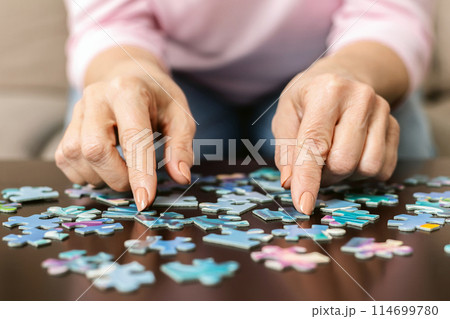 Senior woman hands doing jigsaw puzzle at home, panorama, close up 114699780