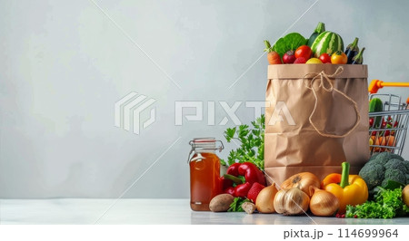 Fresh Vegetables and Fruits in Grocery Bag 114699964