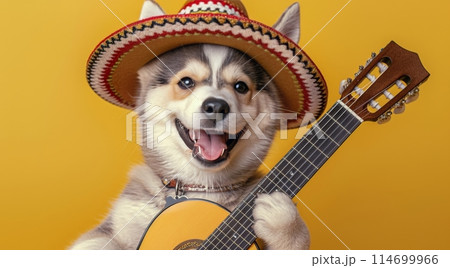 Small Dog Playing Guitar With Straw Hat 114699966