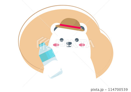 水分補給を勧める白くま。水を飲もう。夏の熱中症対策。ベクターイラスト	 114700539