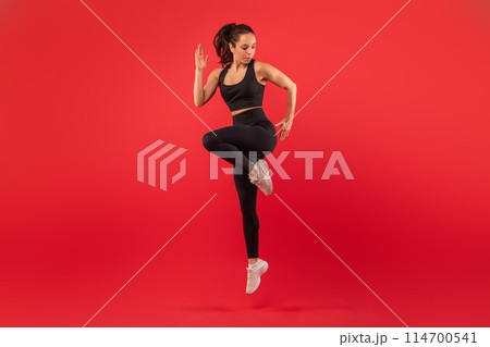 A woman dressed in a black sports bra top and black leggings is engaged in a workout routine. She is focused and determined while performing physical exercises to maintain fitness and strength. 114700541