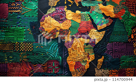 Artistic representation of africa, featuring a colorful patchwork of traditional patterns against a textured background, embodying the continent's rich cultural tapestry 114700944