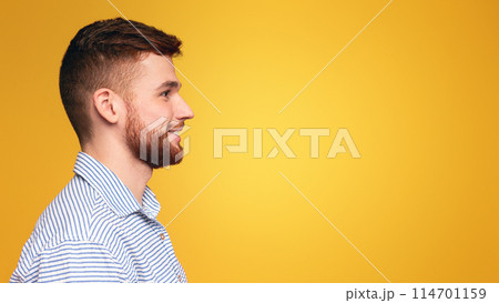 A man with a beard wearing a striped shirt. A man with a beard wearing a striped shirt. 114701159