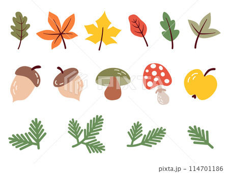 Autumn design elements, icons. Set of autumn object in cartoon flat style. Foliage, acorn, mushroom, fly agaric, fir branch. Vector illustration Autumn design elements, icons. Set of autumn object in cartoon flat style. Foliage, acorn, mushroom, fly agaric, fir branch. Vector illustration 114701186