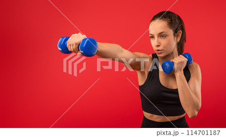 Closeup of beautiful young woman with long hair holding two blue dumbbells in her hands, showcasing her strength and fitness regimen 114701187