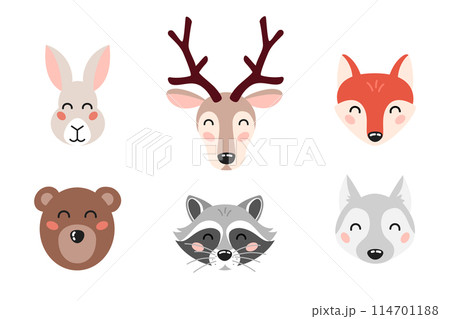 Cute forest animals head set in cartoon flat style. Kids design elements for print, poster, stickers, nursery. Vector illustration Cute forest animals head set in cartoon flat style. Kids design elements for print, poster, stickers, nursery. Vector illustration 114701188