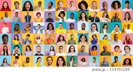 Diverse men and women captured with heartfelt smiles and laughter, epitomizing a sense of camaraderie against colorful backdrops Diverse men and women captured with heartfelt smiles and laughter, epitomizing a sense of camaraderie against colorful backdrops 114701289