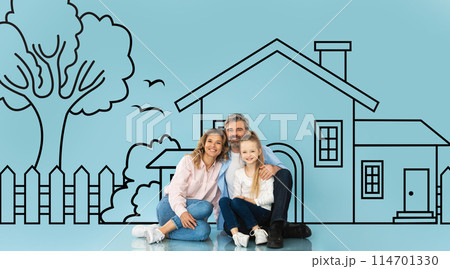 Happy loving family of three father mother and daughter sitting on floor and looking at illustrated house of their dreams over blue wall background Happy loving family of three father mother and daughter sitting on floor and looking at illustrated house of their dreams over blue wall background 114701330