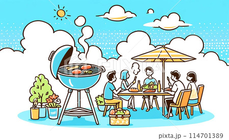 ベランダでバーベキューをする家族のイラスト 114701389