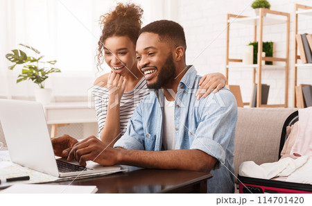 African-American Couple Searching Tour Online On Laptop, Preparing For Vacation African-American Couple Searching Tour Online On Laptop, Preparing For Vacation 114701420