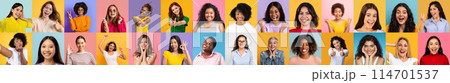 An array of diverse individuals women displaying various facial expressions against colored backgrounds An array of diverse individuals women displaying various facial expressions against colored backgrounds 114701537