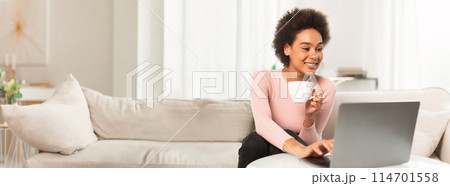 Focused african american woman using her laptop and sipping coffee, a quiet moment of productivity, copy space and web-banner ready Focused african american woman using her laptop and sipping coffee, a quiet moment of productivity, copy space and web-banner ready 114701558