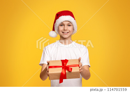 Happy holidays. Cute teenager in Santa hat offering gift box on camera, orange studio background Happy holidays. Cute teenager in Santa hat offering gift box on camera, orange studio background 114701559