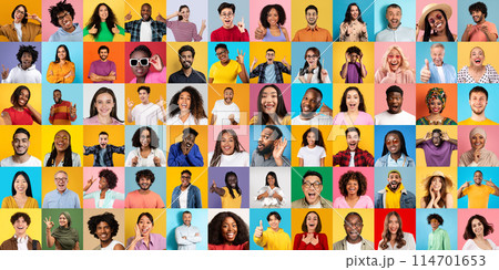 This vibrant mosaic showcases an array of emotions expressed by a diverse group of people against bright backdrops 114701653