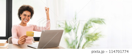 African American woman raising her fist in triumph with a credit card and laptop, perfect for shopping or finance web-banner with copy space 114701774