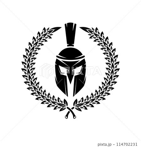 Spartan helmet with laurel wreath. Design element for logo, emblem, sign, poster, t shirt. Vector illustration 114702231
