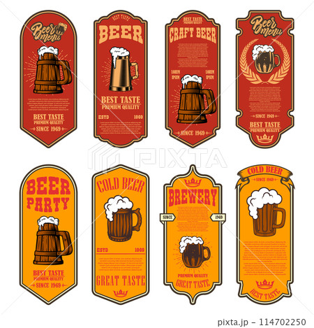 Set of beer labels with illustrations of beer mugs. Vector illustration Set of beer labels with illustrations of beer mugs. Vector illustration 114702250