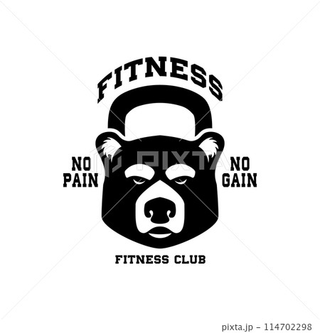 Fitness kettlebell with bear head. Design element for logo, emblem, sign, poster, t shirt. Vector illustration 114702298