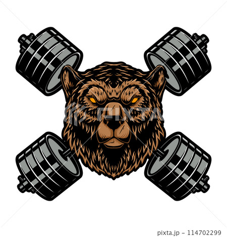 Grizzly bear with crossed barbells. Design element for logo, emblem, sign, poster, t shirt. Vector illustration Grizzly bear with crossed barbells. Design element for logo, emblem, sign, poster, t shirt. Vector illustration 114702299