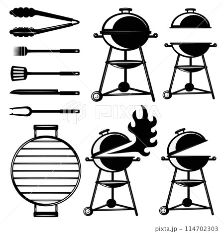 Set of BBQ grill icons and design elements in vintage monochrome style. Design element for poster, card, banner, logo. Vector illustration 114702303