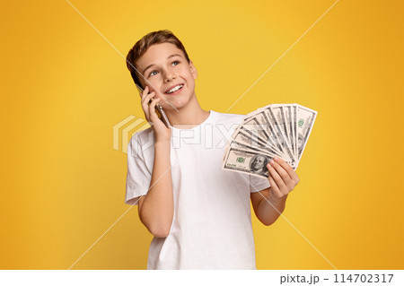 Cheerful teenage boy holding money banknotes and talking on mobile phone, orange panorama background with empty space Cheerful teenage boy holding money banknotes and talking on mobile phone, orange panorama background with empty space 114702317