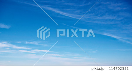 A serene blue sky with wispy clouds, suggesting calmness, ideal for backgrounds or meditation visuals. Expansive azure sky with delicate cloud streaks, evoking tranquility. 114702531