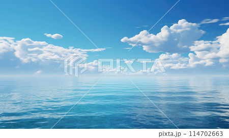 Vast ocean under vibrant blue sky with fluffy clouds, natural background, copy space 114702663