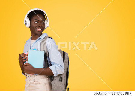 Deep in thought, this African American woman student represents the reflective attitude of Gen Z while holding her notebooks Isolated against a yellow background, copy space 114702997