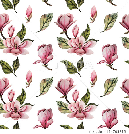 Seamless pattern with magnolia flower. Hand drawn watercolor illustration with pink magnolia flower bud and green leaves. Illustration for wedding design, prints, templates, greeting cards. 114703216