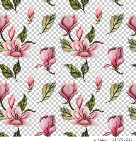 Seamless pattern with magnolia flower. Hand drawn watercolor illustration with pink magnolia flower bud and green leaves. Illustration for wedding design, prints, templates, greeting cards. 114703216