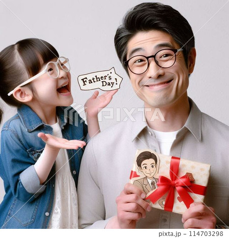父の日の娘からのプレゼントに喜ぶ父親 父の日の娘からのプレゼントに喜ぶ父親 114703298