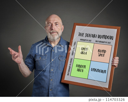 Johari window model, a framework for understanding the relationships between self-awareness and interpersonal communication with four quadrants of knowledge, vector sketch. white board presentation 114703326