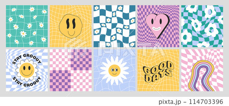 Psychedelic checkerboards or checkered seamless y2k pattern with rainbow, flowers and smile faces 114703396