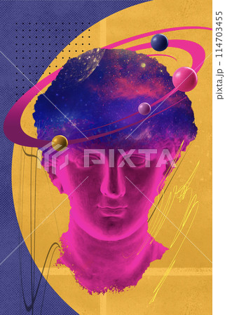 Contemporary art collage with antique statue head in a surreal style. Contemporary art poster. Design Contemporary art collage with antique statue head in a surreal style. Contemporary art poster. Design 114703455