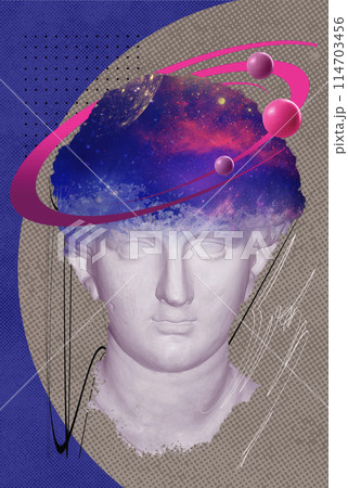 Contemporary art collage with antique statue head in a surreal style. Contemporary art poster. Design 114703456