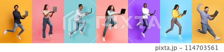 Joyful People Leaping With Laptop Computers Against Multicolored Backgrounds, Showcasing Energy And Connectivity, Collage Joyful People Leaping With Laptop Computers Against Multicolored Backgrounds, Showcasing Energy And Connectivity, Collage 114703561