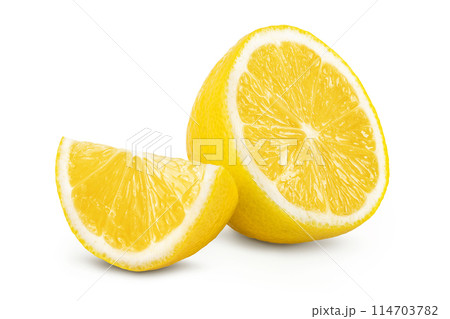 Ripe lemon half and slice isolated on white background with full depth of field. Ripe lemon half and slice isolated on white background with full depth of field. 114703782