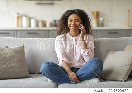 African american lady having a phone conversation from her couch, depicting modern communication at home African american lady having a phone conversation from her couch, depicting modern communication at home 114703920