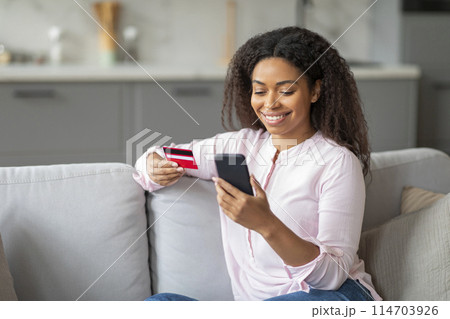 African american woman sitting on couch, holding a credit card and smartphone, depicting online transactions at home African american woman sitting on couch, holding a credit card and smartphone, depicting online transactions at home 114703926
