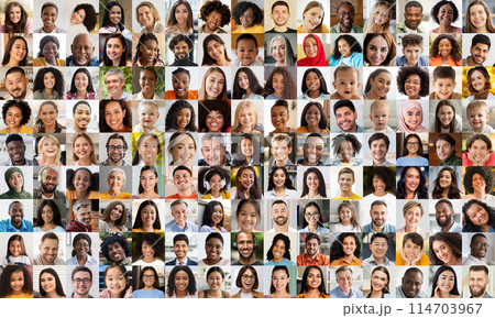 An expressive grid of diverse faces portraying a spectrum of ethnicities, gender, and ages showcasing human diversity in society An expressive grid of diverse faces portraying a spectrum of ethnicities, gender, and ages showcasing human diversity in society 114703967