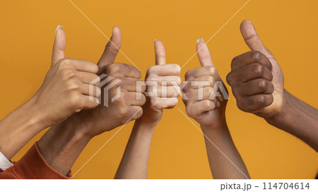 An international team of friends gives thumbs up, showing multiethnic unity and teamwork isolated on orange background, cropped An international team of friends gives thumbs up, showing multiethnic unity and teamwork isolated on orange background, cropped 114704614