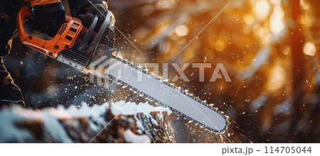 Man in Orange Jacket Holding Chainsaw 114705044