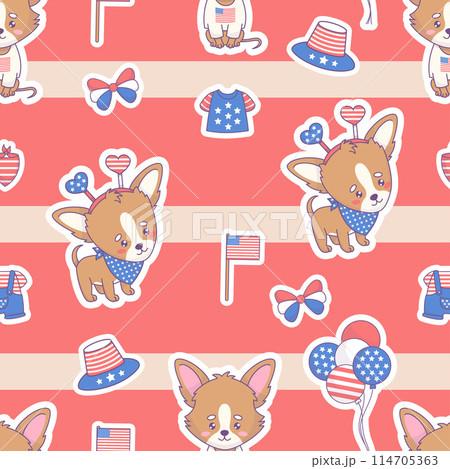 Seamless pattern with patriotic dogs chihuahua in symbolic clothing and accessories in colors American flag. Vector illustration for holiday Independence Day 114705363