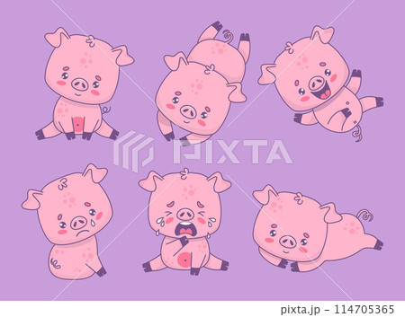 Cute funny piggy collection. Emotional pig. Smiling, sadness, smile, happy and unhappy crying. Isolated cartoon kawaii animal character. Vector illustration. Cute funny piggy collection. Emotional pig. Smiling, sadness, smile, happy and unhappy crying. Isolated cartoon kawaii animal character. Vector illustration. 114705365