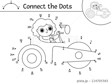 Vector construction site dot-to-dot and color activity with road roller. Building works line connect the dots game for children. Printable worksheet or coloring page with industrial vehicle 114705565
