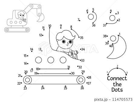 Vector construction site dot-to-dot and color activity with excavator. Building works line connect the dots game for children. Printable worksheet or coloring page with industrial vehicle Vector construction site dot-to-dot and color activity with excavator. Building works line connect the dots game for children. Printable worksheet or coloring page with industrial vehicle 114705573